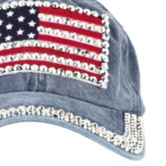 NEW USA Flag Rhinestone Hat Denim Blue by Twig & Arrow!NWT! - Picture 5 of 9